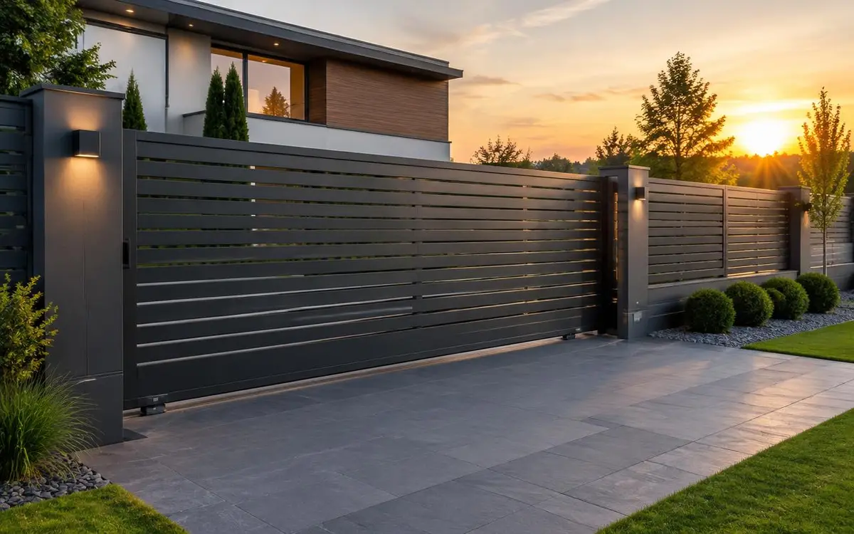 Modern automatic sliding driveway gate and slatted fence at sunset